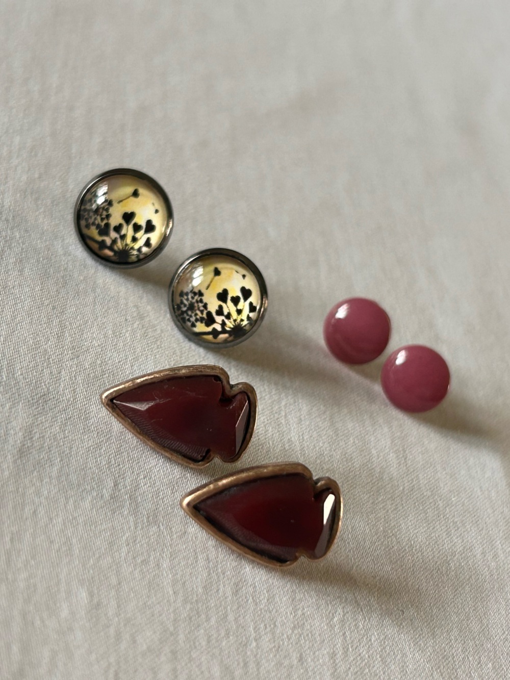 3 Pair Stud Earring Bundle Pink Floral Burgundy Geometric